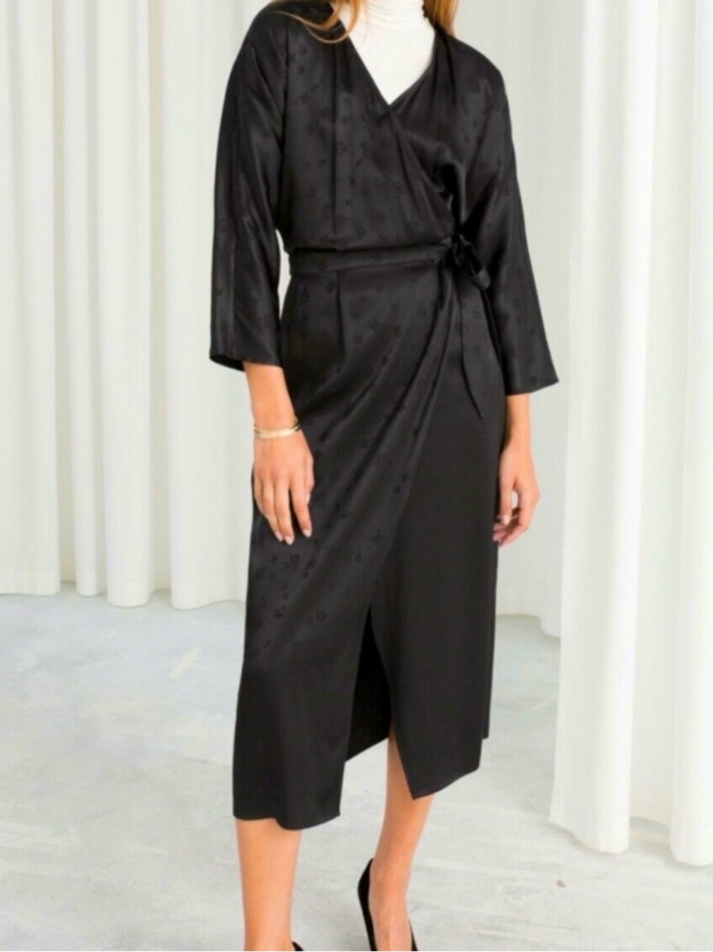 & Other Stories Black Satin Floral Jacquard 3/4 Sleeve Kimono Wrap Midi Dress 4